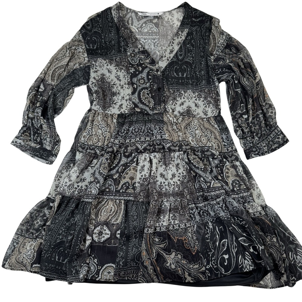 Zara Woman Black Paisley Rufflle Hem Glitter Vneck Long Sleeve Boho Dress XS